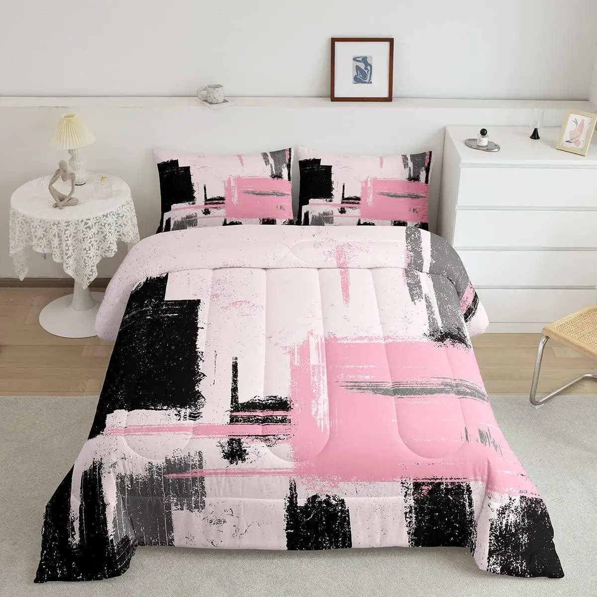 Abstract Comforter,Modern Abstract Art Comforter Set,Pink Black Pattern Bedding Set Room Decor Twin Full Queen King Size Duvet Set with Pillow Cover