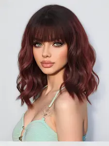 Shoulder Length Short Curly Hair for Women with Full Shoulder Straps, Heat Resistant Fiber for Women as Replacement for Bob Wig, Synthetic Machine Wigs (Burgundy)
