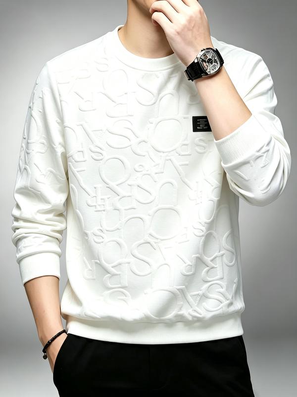 Men's 3D Embossed Letter Crew Neck Sweatshirt Casual Loose Long Sleeve Pullover Tops