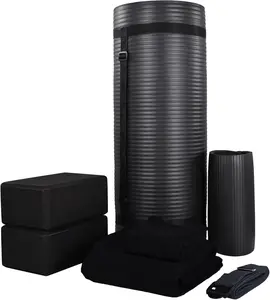 BalanceFrom Fitness 7-Piece Home Gym Yoga Set with 1-Inch Thick Yoga Mat, 2 Yoga Blocks, Mat Towel, Hand Towel, Stretch Strap & Knee Pad, Blue