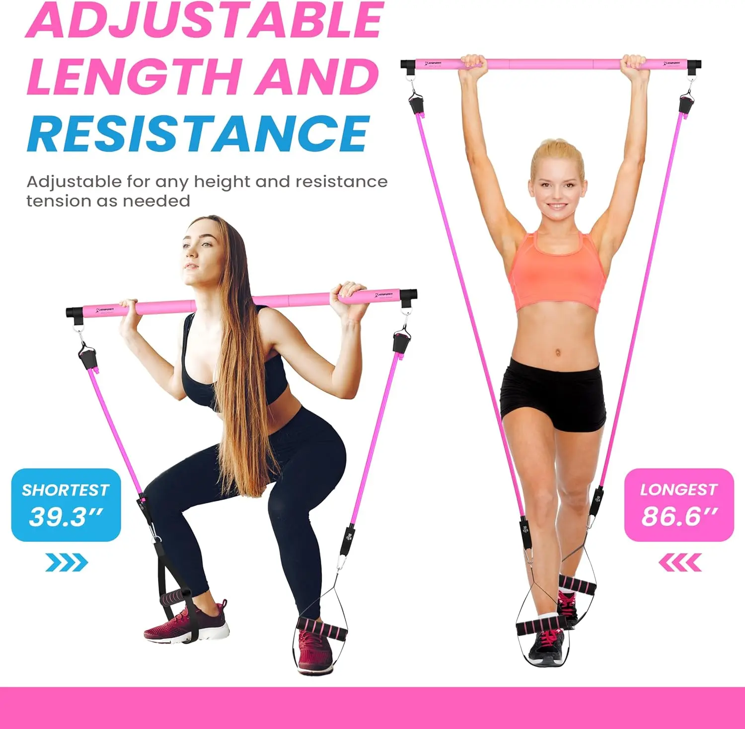 3-Section Adjustable Multifunctional Pilates Bar Kit - Gym & Fitness Gear with 6 Elastic Bands for Exercise, Jump Rope - At-Home Leg & Hip Workouts Equipment (Black)