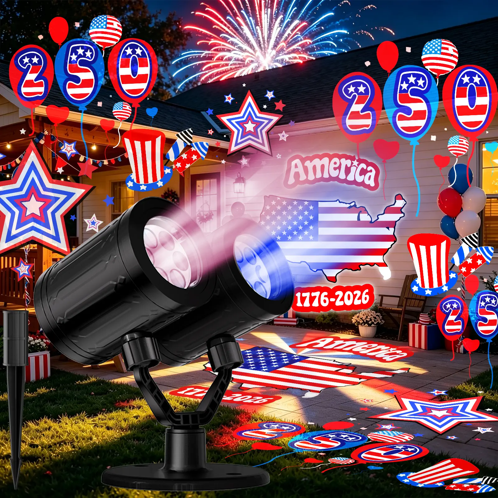 Upgraded Double-Head LED Portable Projector - Adjustable Patriotic USA 250th Anniversary Decor Lamp for 1776-2026 Semiquincentennial 4th of July Parties, Outdoor & Home Use