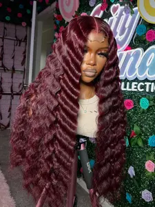 13X4 Burgundy Wigs 99J Deep Wave Wig HD Lace Frontal Wigs Pre Plucked Glueless Curly Wigs Heat Resistant Fiber Wig for Women Long Silk Natural Wig 28 Inch