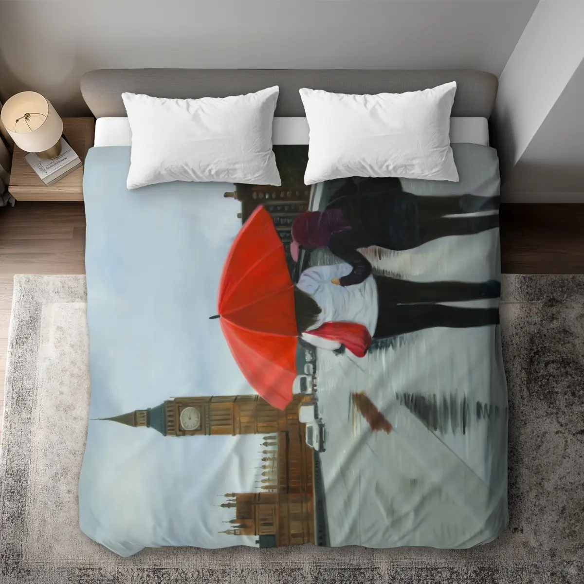 Begin Home Decor C1DCKSW0Q6D5HO British Under Umbrella King Size Decorative Duvet Cover - Classic Printed, Cosy Home Microfibre Bed Set with Big Ben Design, Microfibre Duvet Covers, Classic Printed Duvet Covers