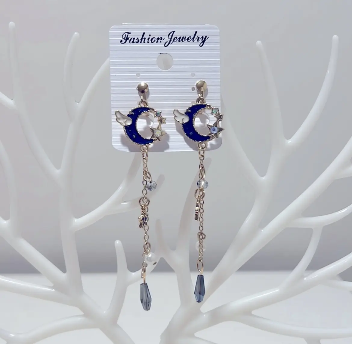 NEW Blue Crescent Moon Stars Dangle Clip On Earring