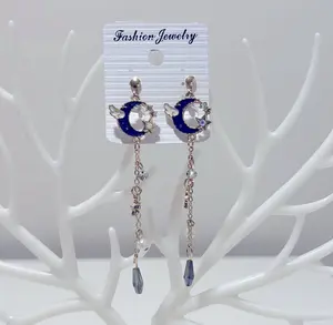 NEW Blue Crescent Moon Stars Dangle Clip On Earring