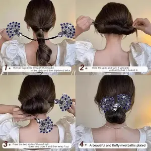 Rhinestone Pearl Bun Maker Hair Pin, Elegant Blue Bow Updo Hair Clip for Women, French Twist Hair Styling Tool, Easy Lazy Bun Holder for Wedding, Party, Prom, Daily Hair Accessories