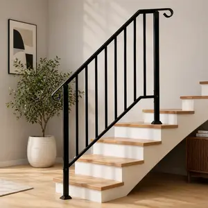 4 Step Galvanized Steel Hand Rails for Outdoor Steps – Curved Ends and Safety Balusters Exterior Railing for Porch, Deck, or Indoor Stairs, Complete Installation Kit