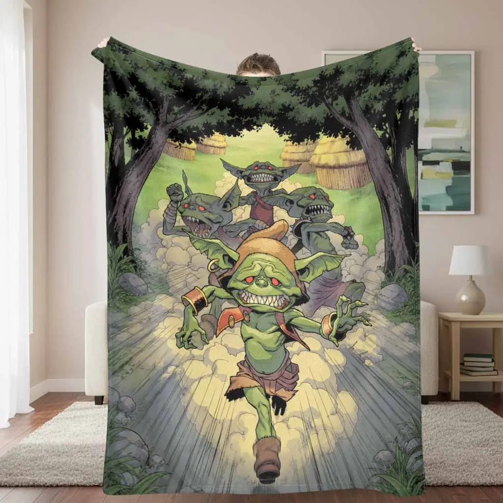 Goblin Forest Chase Flannel Blanket Green Fantasy Creature Illustration Print Soft Warm Lightweight Cozy Throw for Sofa Bed Cabin Dorm Camping Halloween Party Gift