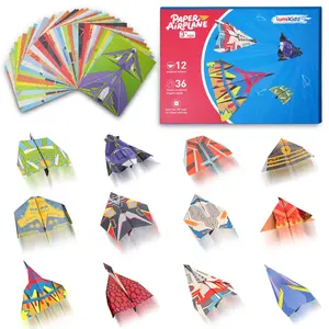 Paper Airplane Origami Kit for Kids, 36 Colorful Craft Papers with 12 Step-by-Step Folding Guides, DIY STEM Flying Toy, Screen-Free Creative Activity for Boys Girls Ages 3+, Outdoor Family Game & Birthday Gift