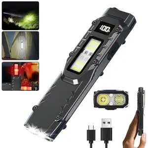 1PC EDC Tactical Flashlight, Flat Flashlights Rechargeable with Side Light and Clip,Dual-Switches LED Small Flashlight with Digital Display, Stainless Steel 9 Modes Pocket Flash Light for Home, Camping,and Emergency Use