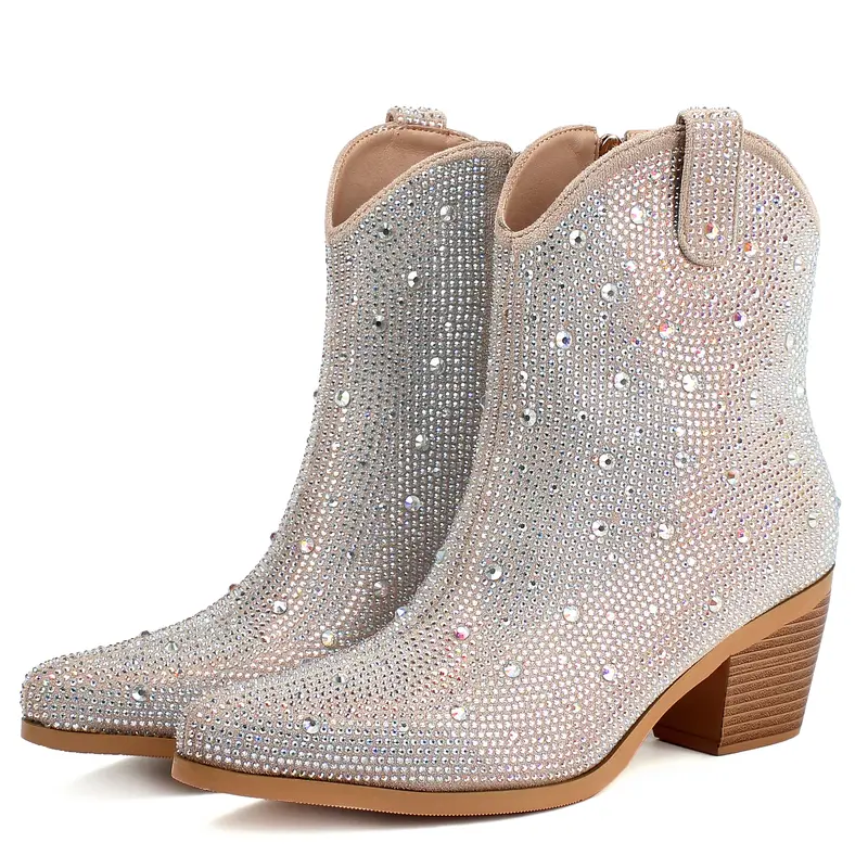 Women Rhinestone Cowboy Ankle Boots Chunky Heel Short Glitter Boots Pointed Toe Blingbling Boots Cowgirl Western Sparkly Ankle Boots for Party Wedding Bridal Bridesmaid Shoes for Carnival Music Festival Concert