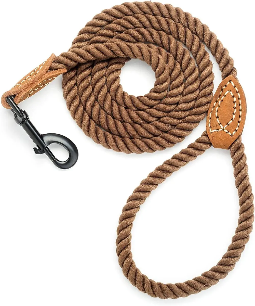 Braided Cotton Rope Dog Leash with Genuine Leather Handle  4 Feet