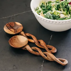 LEAFBERRI Handmade Twisted Large Wooden Salad Fork and Spoon Servers (pair)