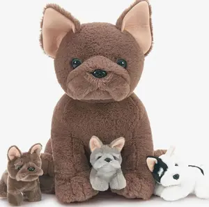 Tezituor French Bulldog Stuffed Animal with 3 Babies,17.7 Inches Mommy Dog Plush Soft Puppy Toys Realistic Fluffy Dog Christmas Birthday Gifts for Boys Girls