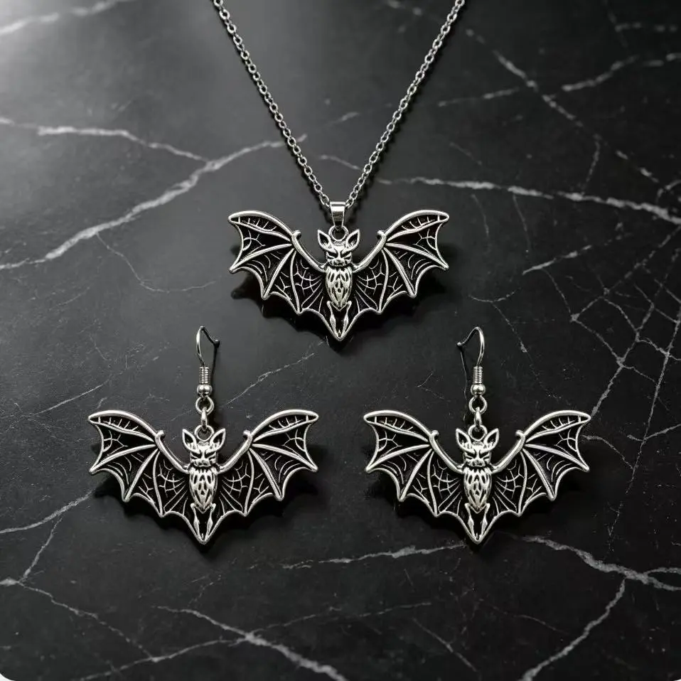 Bat Web Necklace and Earring Set, Vintage Gothic Jewelry for Women and Men, Zinc Alloy Vampire Costume Accessory for Halloween Parties, Summerween, Unisex, Electroplated, Matching Pair