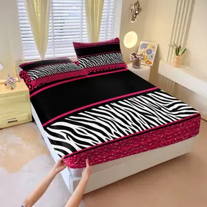 3Pcs Pink Leopard & Zebra Print Fitted Sheet Set, Wild Animal Pattern, Hot Pink Bold Design, No Fillers, Bedding with Pillowcases, Deep Pocket, Glam Y2K Style for Teen & Adult Bedroom Decor