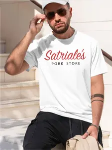 Sopranos Inspired Blue Satrinai's Pork Shop Logo Stylish 2026 new model Black/White Tee Stylish & Comfortable Loose Crew Neck Short Sleeve T-shirts Versatile On Trend Eye Catching Printed Graphic C