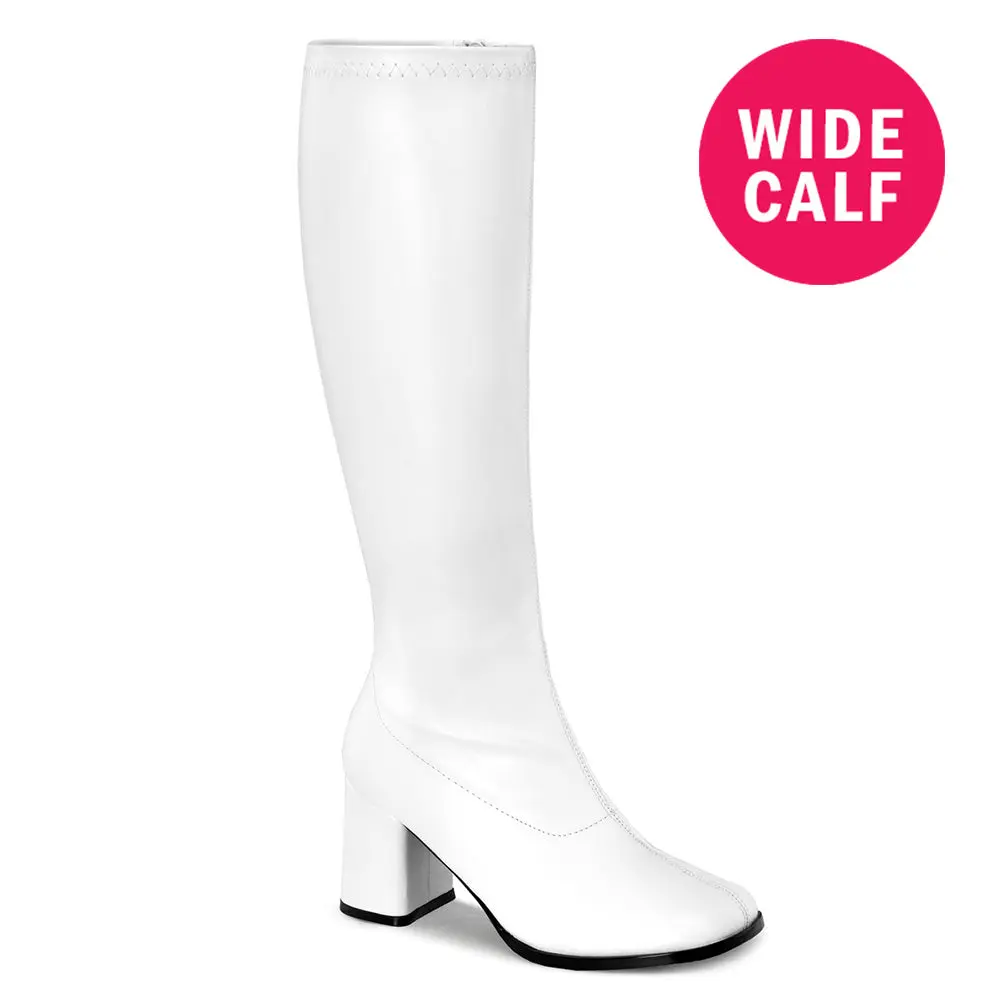 Women's Knee High Boots, GOGO-300WC White Faux Patent Leather with a Wide Calf Fit for Plus Size, 3" Block Heel & Side Zip, Boot, Footwear, Faux Leather, Costume Wear, Stretch Fabric, Retro Inspired, Shoe, Leather & Faux Leather