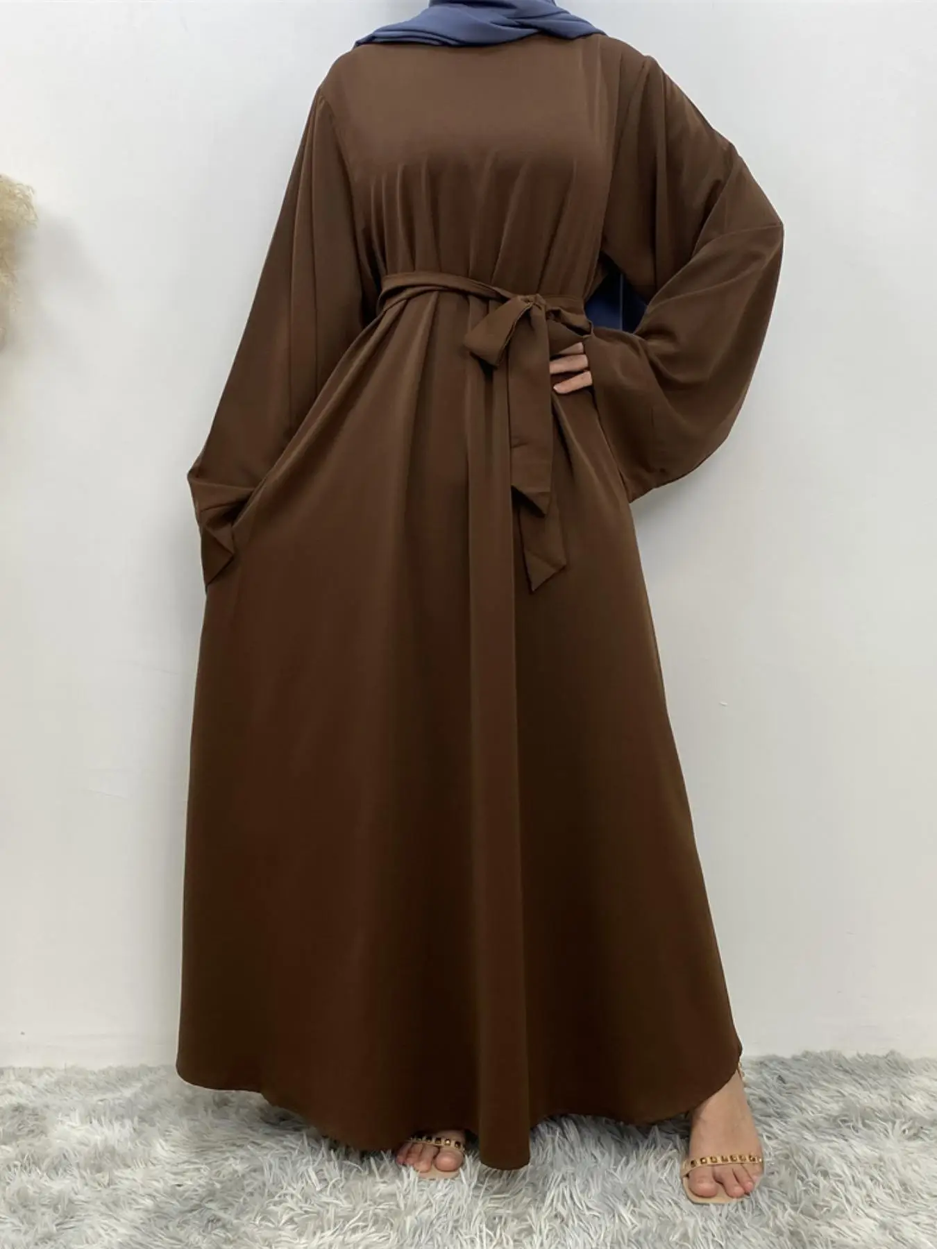 6394# 🔥 "2025 Ramadan Exclusive! Nida Fabric Muslim Dress for Girls 🌸 12 Colors × 5 Sizes (S-2XL) with Adjustable Waist Tie ✨ Modest & Breathable"