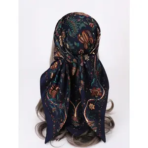 Boho Style Navy Blue Paisley Embroidery Shawl 1pc Floral Printed Imitated Silk Twill Scarf Headband For Women Daily Wear Elegant Bandana Hair Band Ideal For Dressing Up Your Look Winter Fall