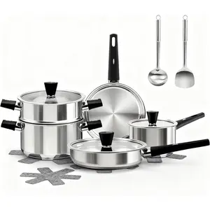 Stainless steel cookware set, 14-piece pot and pan set, kitchen utensil set, equipped with anti-scald handles, non-toxic, dishwasher safe, suitable for all stoves (gas, electric, and induction)