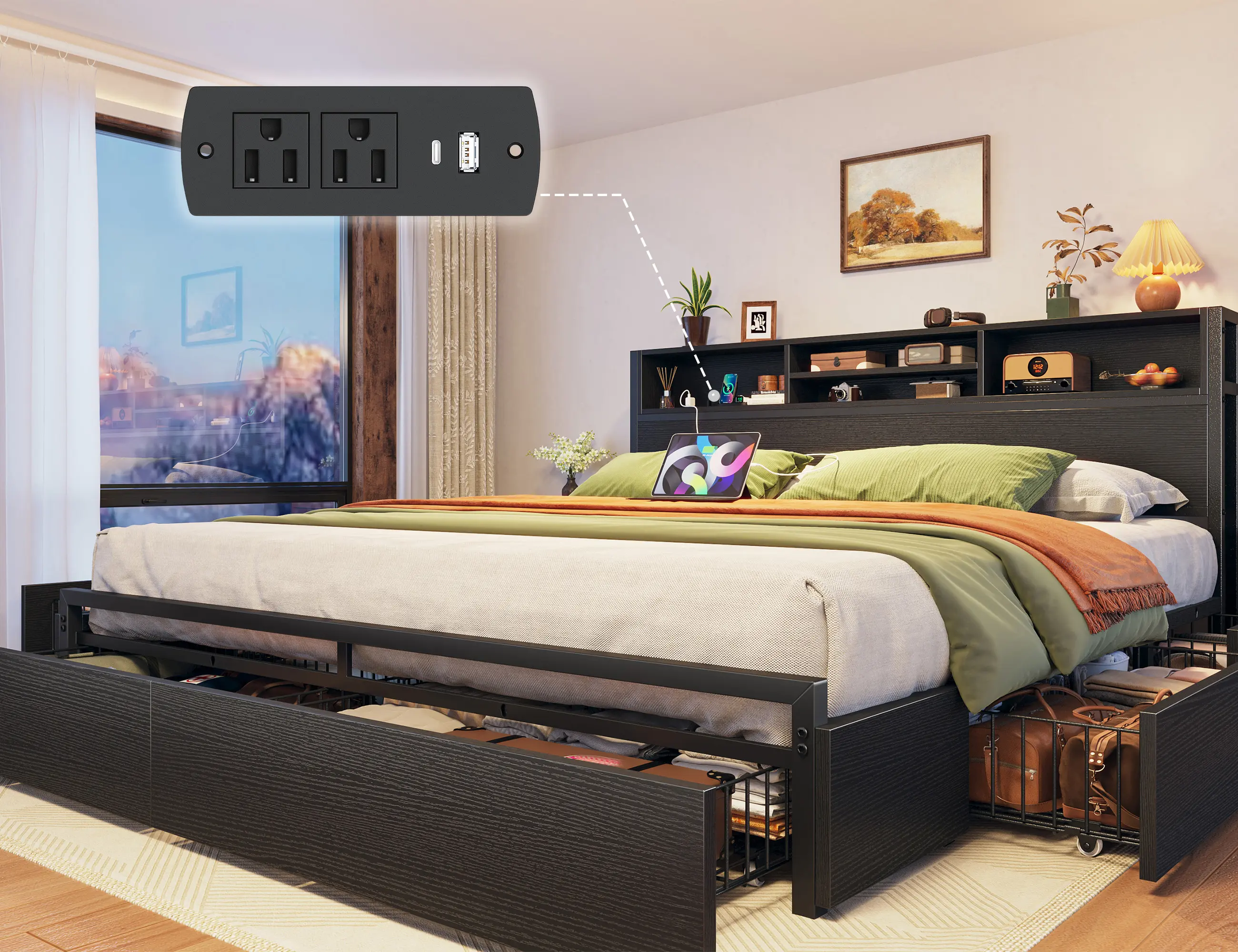 Raybee 6 Drawers Wood Bed Frames for King Queen Full, Luxury Platform Bed Frame with Storage Head Board & Build-in Power Outlet, Holds up to 1000lbs with Metal Frame & Slats, Noise Free, Space Saving for Bedroom