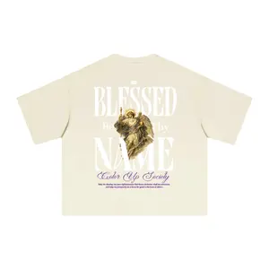 Blessed Tee - Gold-Toned Archangel Guardian & Purple Script - Medium Length, Short Sleeve, Crew Neck - Summer Slogan Pattern