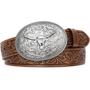 Men's Leather Belt Western Cowboy Leather Belt for Jeans Pants Snap Belt with Detachable Buckle