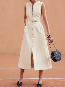Women's Fashion Design Flat Collar Round Neck Sleeveless Button Dress with Waist Belt, Casual Loose-Fitting Plain Dress