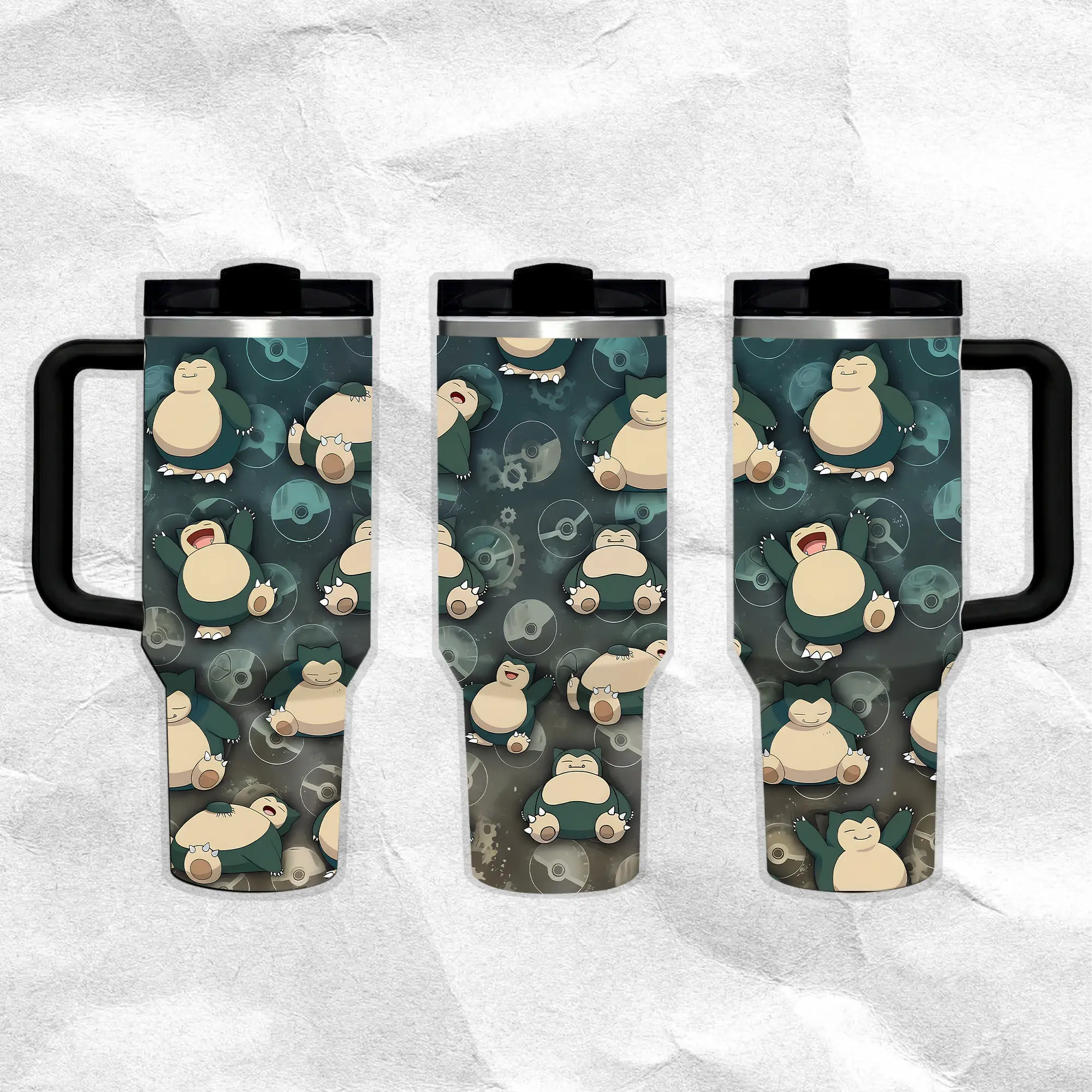 Snorlax Pattern 40oz Handle Tumbler – Retro Fantasy Stainless Steel Travel Mug, Hawkins Inspired Horror Cup, Double Wall Thermal Drinkware, Large Iced Coffee Tumbler, Gift for TV Show & Dungeon Game Fans