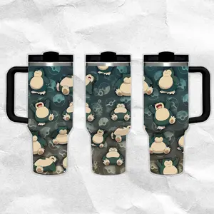 Snorlax Pattern 40oz Handle Tumbler – Retro Fantasy Stainless Steel Travel Mug, Hawkins Inspired Horror Cup, Double Wall Thermal Drinkware, Large Iced Coffee Tumbler, Gift for TV Show & Dungeon Game Fans