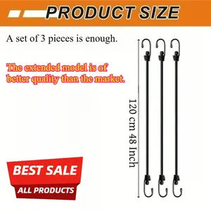3 Heavy-Duty Elastic Cords with Metal Hooks - 48-Inch Black Outdoor-Grade Tie Downs for Bags, Luggage, Tents, Bicycles, Garden, and Car Accessories, Secure Luggage Straps, Luggage Accessories, Business-Style Tie Downs, Durable Polypropylene