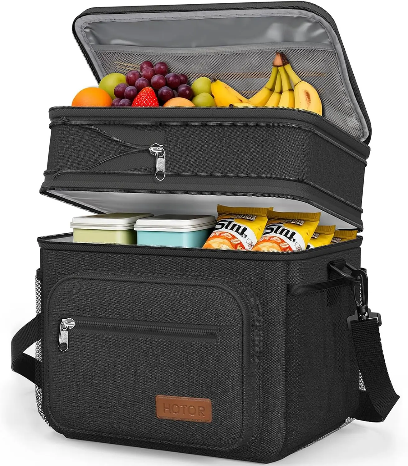 HOTOR Lunch Box Men Women Double-Layer Insulated Lunch Bag Black 12L | Lunchbox Leakproof Liner Multiple Pockets, Portable Cooler for Work, Travel, Picnic, Camping, Hiking, Fishing, Gift