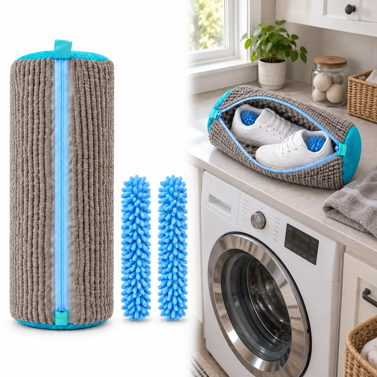 Shoe Washing Bag for Washing Machine with 2 Chenille Cleaning Inserts, Zippered Sneaker Laundry Bag