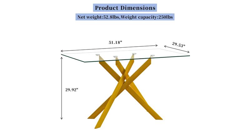 51.18" Rectangular Tempered Glass Dining Table with Gold Metal Legs Modern Kitchen Table for Dining Room Easy Assembly 8mm Thick Glass 250lbs Capacity