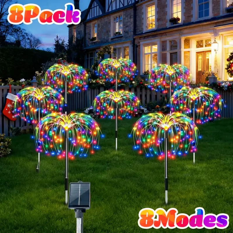 8‑Pack Solar Firework Lights, 8 Modes Waterproof Starburst Sparkler Solar Outdoor Lights for Yard, Porch, Patio, Backyard Decor
