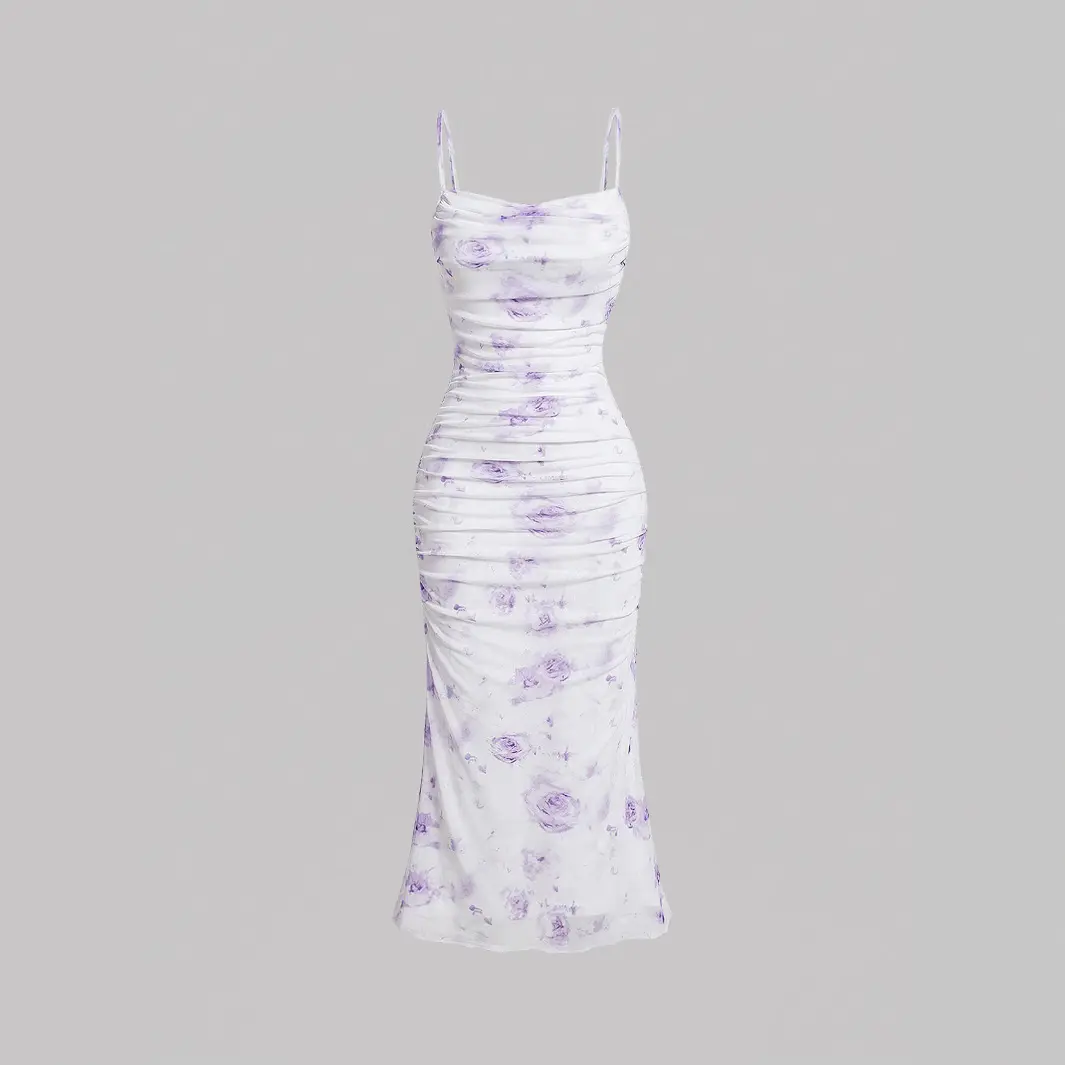 Classic print camisole dress for spring and summer, ruched slimming dress