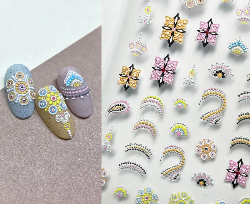 Henna Tattoo Mehndi Totem nail sticker/ Colorful Dots Boho 3D Embossed Nail Art