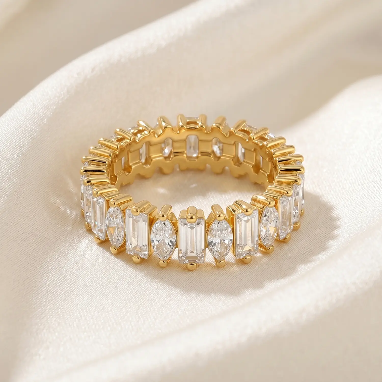 Chic Marquise and Baguette Eco Diamond Eternity Band 14K Gold Plated Stackable Ring French Style Minimalist Light Luxury Jewelry