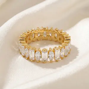 Chic Marquise and Baguette Eco Diamond Eternity Band 14K Gold Plated Stackable Ring French Style Minimalist Light Luxury Jewelry