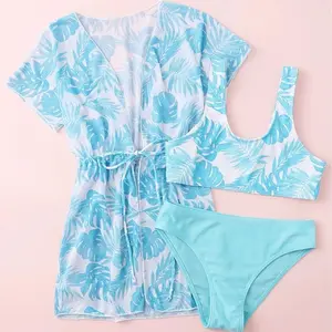 Girls Swimsuit Suit Summer Split Swimsuit Sets Kids Printed Bikini + Cardigan 3 Piece New Kids Mesh Seaside Outfits