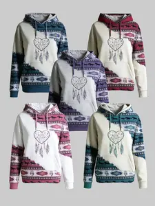 Women's Ethnic Pattern Patchwork Dreamcatcher & Horse Print Drawstring Hoodie, Casual Long Sleeve Drop Shoulder Hooded Sweatshirt for Daily Holiday Outdoor Wear, Ladies Clothes for All Seasons