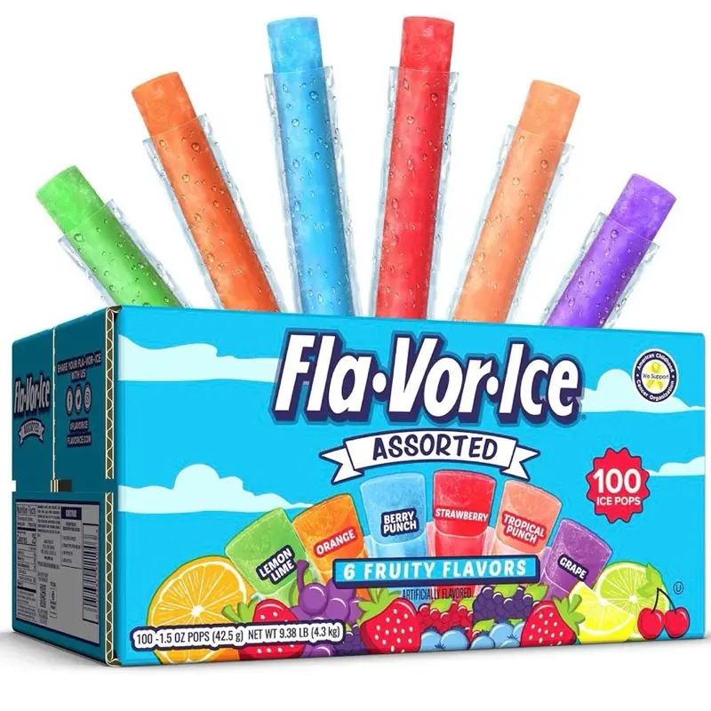 Fla-Vor-Ice Popsicle Variety Pack 100 Count 1.5 oz Freezer Bars Assorted Flavors Real Fruit Juice Frozen Snacks Dessert Bars for Kids and Adults