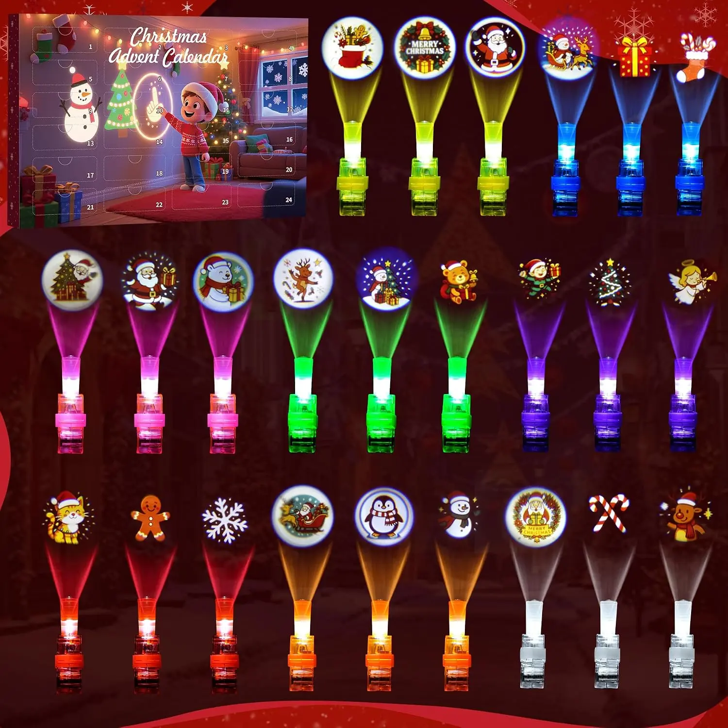 Halloween Fall Gift Christmas Advent Calendar with 24 pcs Different Xmas Themed LED Novelty Finger Lights Gifts for Christmas Countdown Calendar Party Favors Toys Stocking Stuffers for Kids Boys Girls Toddlers