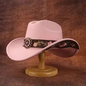 1pc Pink Floral Embroidered Hat |     Ladies' British Soft Felt Cowboy Hat with Turquoise and Embroidered Belt, Ideal for Weddings, Holidays, and Parties.