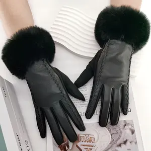 Women's Black PU Leather Touchscreen Gloves with Faux Fur Cuffs MD39578 - Windproof Warm Stylish for Winter Outings Parties and Everyday Use Full Finger Gloves