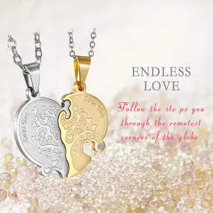 Stainless Steel His Hers Love You Life Tree Heart Puzzle Necklace for Couples Promise
