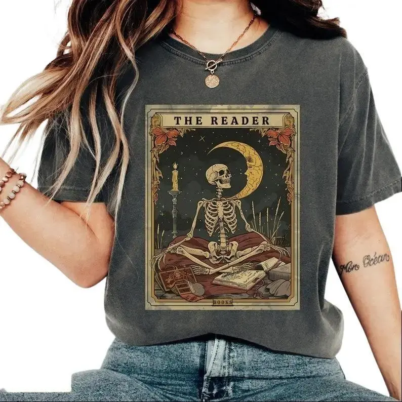 Comfort Colors The Reader Tarot Card Shirt, Skeleton Reading Shirt, Unisex Tarot Card Shirt Vintage Graphic Tee - Soft Cotton Short Sleeve Shirt for Men & Women - Everyday Retro Style