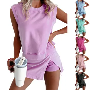 MULLVEIG Women's Mineral Wash Cotton Crew Neck Sleeveless Tank Top & High Waist Split Skirt 2 Piece Lounge Set Casual Soft Chic Summer Outfit